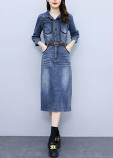 Vestidos largos vaqueros ajustados con cuello Peter Pan azul y fajas de patchwork y mangas de pulsera